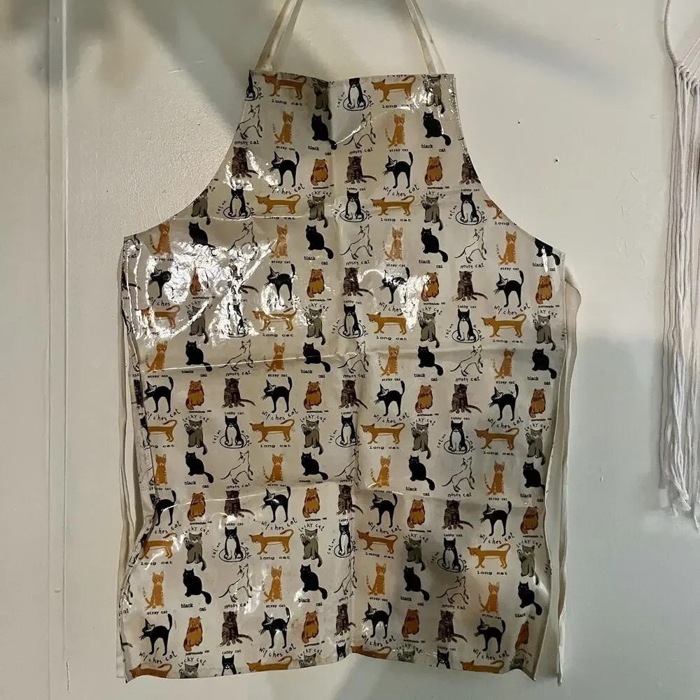 Cooksmart Bib Apron 100% Cotton PVC Coated Wipe Clean Beige Cat Print